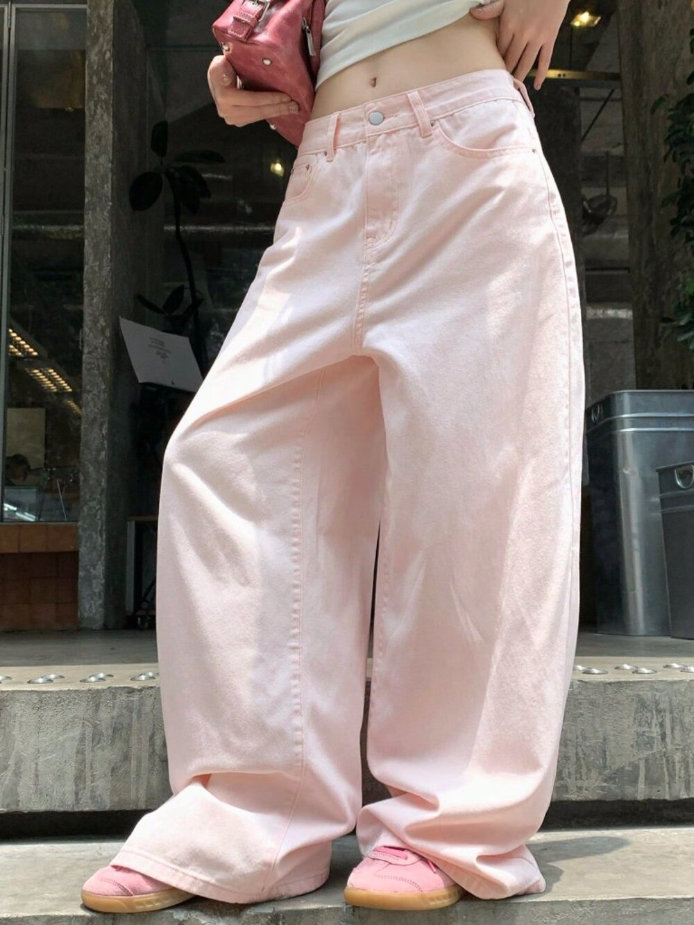 Pink Casual Women's Date Wear Wide Leg Straight Jeans - Picture 5 of 9